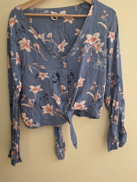 Roxy Tops - Roxy Blue Floral Tie-Front V-Neck Blouse